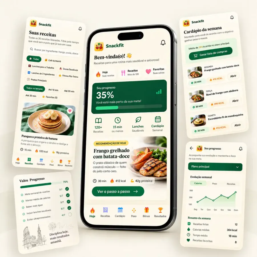 Mockup do app Snackfit com receitas, cardápio e progresso